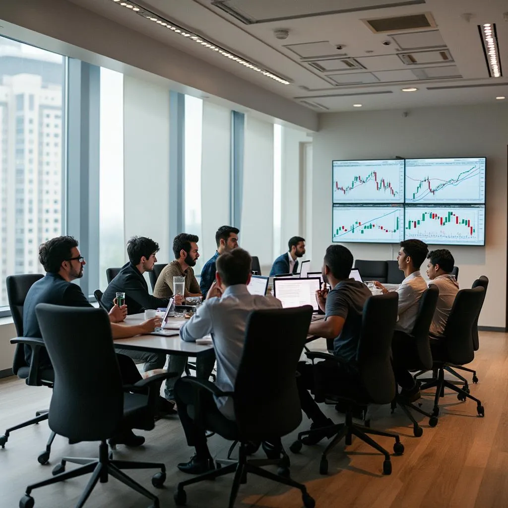 Equipo de consultores financieros en reunión estratégica